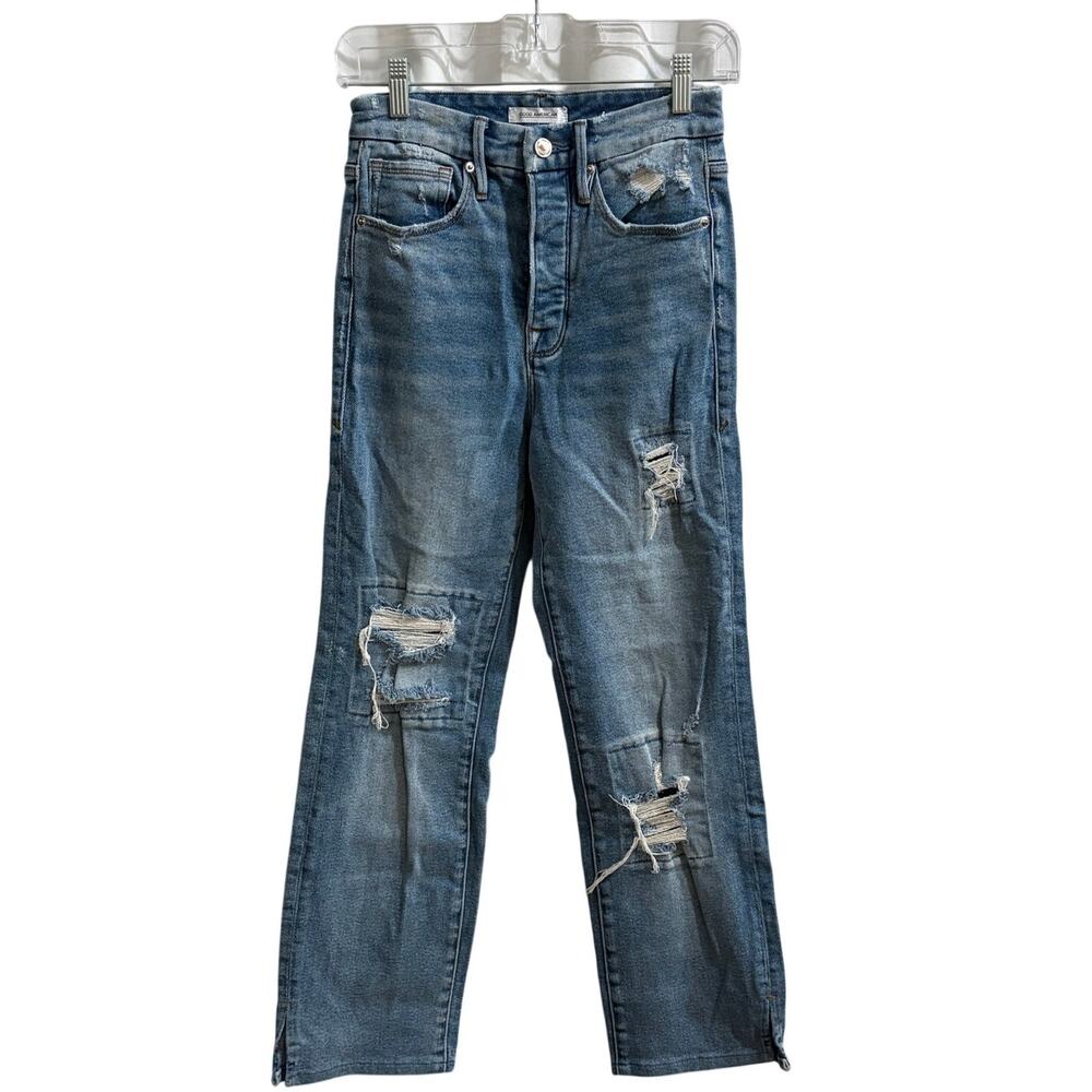 Good American Good Boy Jeans Women's 2/26 Blue Distressed Button Fly Side Slit